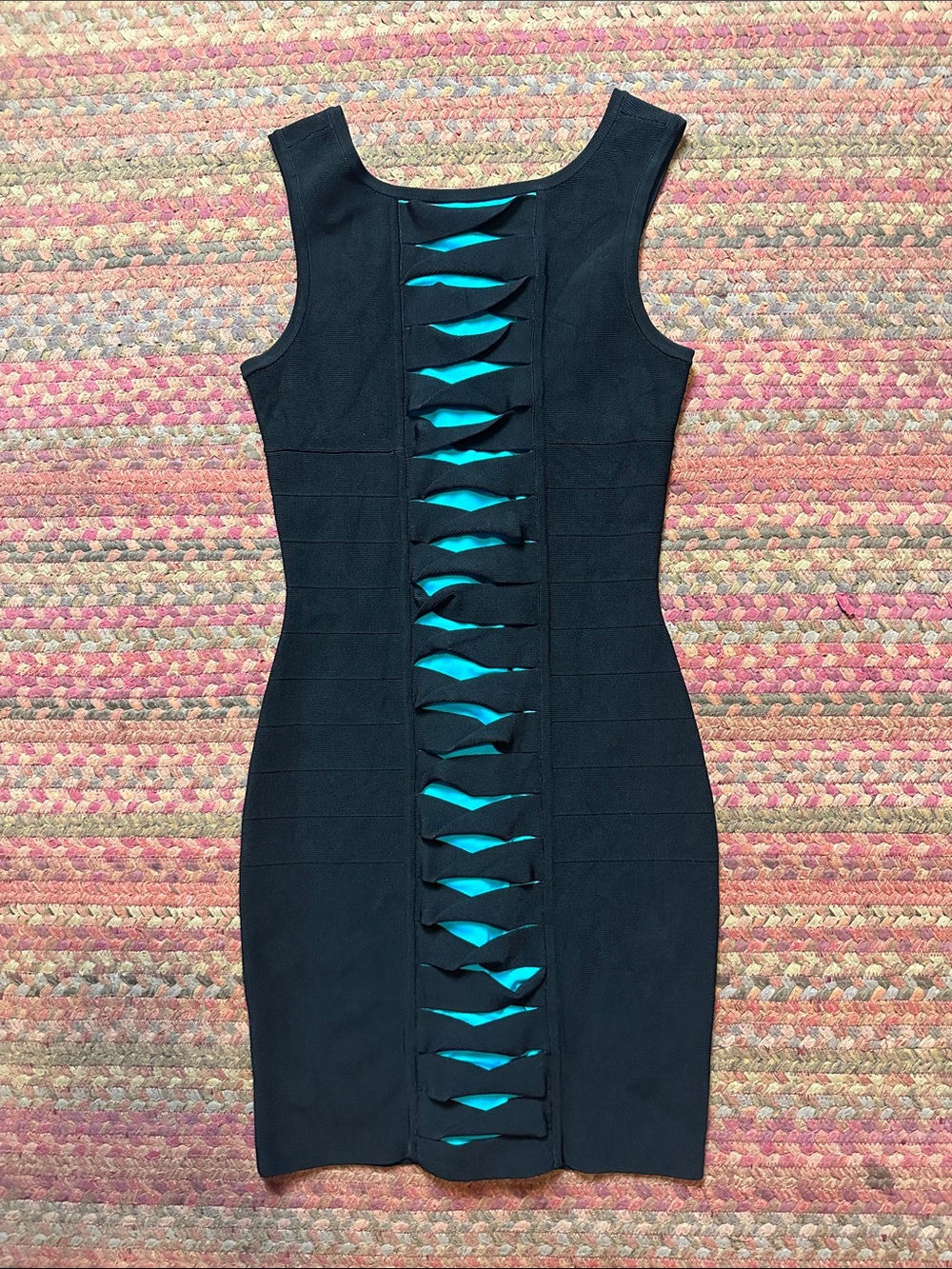 GUESS by Marciano Black BANDAGE Dress with Teal Lining cut out Accent
